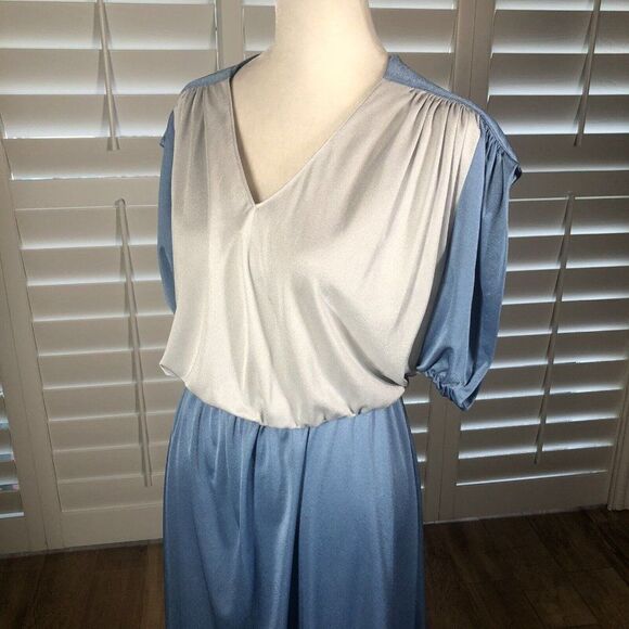 Vtg 70 Act I Blue Silver Blouson Disco Polyester Dress Medium Stretch 1/2 Sleeve - Picture 9 of 12